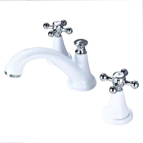 Wasserhahn Bad Mischbatterie Waschbecken Badezimmer Armatur 3 Loch Waschtischarmatur mit Gebogenem „Kreuz“ Griff Badarmatur Heiß und Kalt Weiß + Chrom