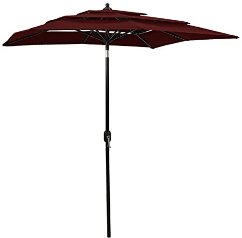 Homgoday Parasol à 3 niveaux avec poteau en aluminium rouge bordé 2 x 2 m, mobilier de parasols, parasol de jardin, parasols d'extérieur, parasol de plage, parasol de terrasse coupe-vent