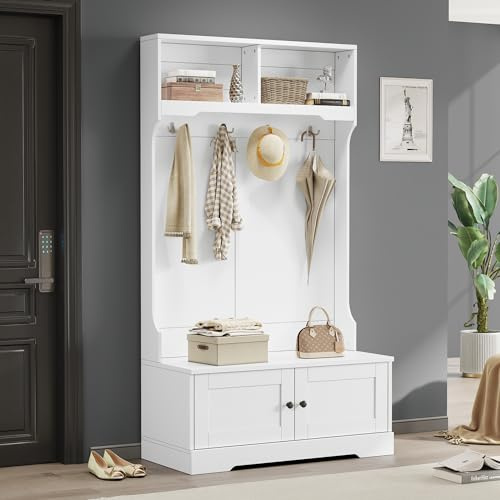 Lexiou Weißer Eingangsschrank mit Stauraum an der Unterseite des Sitzes mit 4 Haken zum Aufhängen und 2 Fächern an der Oberseite zur offenen Aufbewahrung - Kleiderständer, Garderobe, Schuhschrank