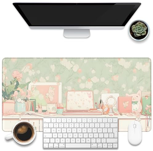 KOAIWPAE Schreibtischunterlage, Kawaii-Anime-Stil, Grünes niedliches Gaming-Mauspad, 80 x 39,9 cm, Erweitertes großes