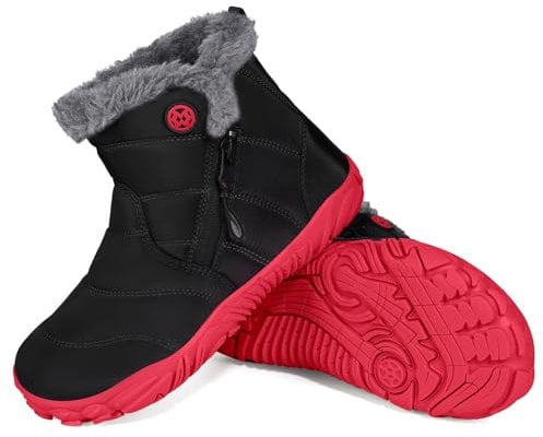 Gaatpot Barfußschuhe Winter Jungen Mädchen Winterstiefel Wasserdichte Kinder Stiefel,Dullschwarz Rot,EU35