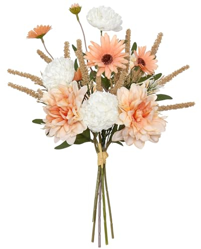 DEMIUKO Artificial Flowers Champagne Bouquet Fake Dahlia Flower Silk Flowers Arrangements Wedding Bouquets Fake Peony Floral Plants Table Centerpieces for Home Kitchen Vase Garden Party Decor