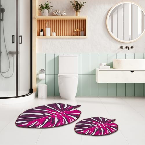 miqna Monstera Blatt Badematte Set 2 teilig rutschfeste Badteppich Set waschbar Badezimmerteppich Set Grün Lila (Lapel Lila, 60 x 100 cm - 50 x 60 cm)