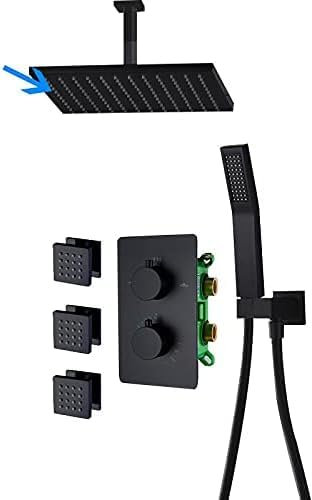 TATITZRO Schwarzes Thermostat-Duscharmatur-Set, Messing, Regendusche, 3-teilig, Massage-SPA-Düsen, 3-Wege-Thermostathahn, Badewannen-Duscharmatur, 20 Zoll komplettes Set, 8 Zoll komplettes