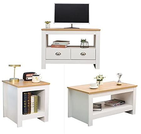 Ensemble de salon moderne 3 pièces en bois avec tables de lampe, table basse et meuble TV en finition blanc et chêne