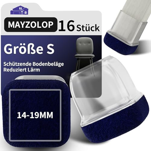 MAYZOLOP 16PCS Chair Leg Floor Protectors, Ø14-19mm Square Transparent Silicone Chair Leg Caps with Navy Blue Felt Pads, Hardwood Floor Protectors for Furniture Legs,No Scratches No Noise