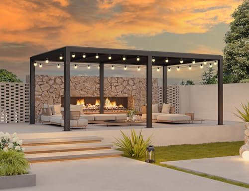 PURPLE LEAF Pergola Bioclimatique avec Guirlande Lumineuse Exterieure 7,39 x 3,68 m Pergola Aluminium Lames Orientables Superficie 27,19 m² Pergola Jardin Extérieur Tonnelle de Jardin, Gris
