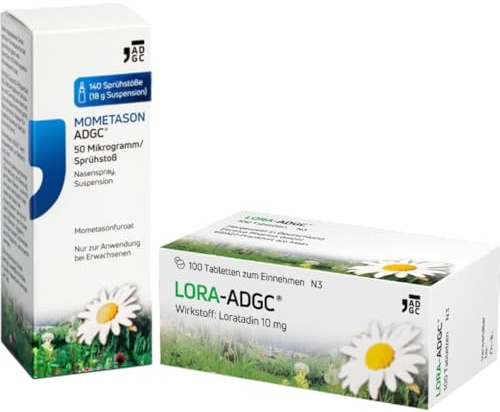 LORA-ADGC 100 Stück & MOMETASON-ADGC 18g - Antiallergikum mit gut verträglicher und langanhaltender Wirkung und Heuschnupfenspray zur Linderung von Symptomen wie verstopfter, laufender Nase und Niesen