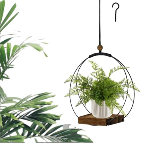 ARCHWANG Blumenampel Hängend Innen - Metall Blumenampel Schwarz, Hängeampel Mit Holzsockel, Decke Hängende Pflanzer, Hängetopf Für Pflanzen Für Zimmerpflanzen Sukkulenten Luftpflanzen Kaktus