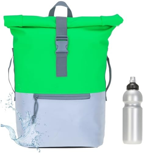 Rucksack Herren Plane Time Bag Kurierrucksack Roll-Top Fahrradrucksack Sport Fitness Damen 23 Liter A4 12821 + Flasche (Neon Grün Reflektor 12832)