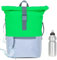 Rucksack Herren Plane Time Bag Kurierrucksack Roll-Top Fahrradrucksack Sport Fitness Damen 23 Liter A4 12821 + Flasche (Neon Grün Reflektor 12832)