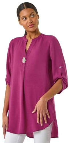 Roman Originals Shirt for Women UK Ladies Longline Top Collarless Blouse Smart Tunic Casual Evening Relaxed Fit 3/4 Length Sleeve Notch V Neck Long - Magenta - Size 12