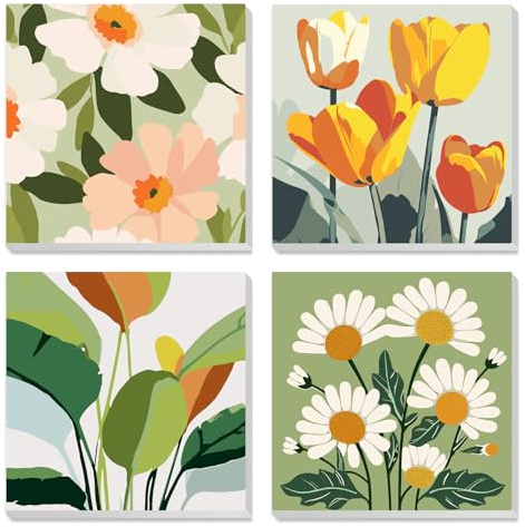 MXJSUA 4 Pack Flowers Green Plant Framed Paint by Numbers Kit with Canvas for Adults Beginner, DIY Acrylic Oil Painting Kits with Brushes for Home Wall Decor Gift (20x20cm)