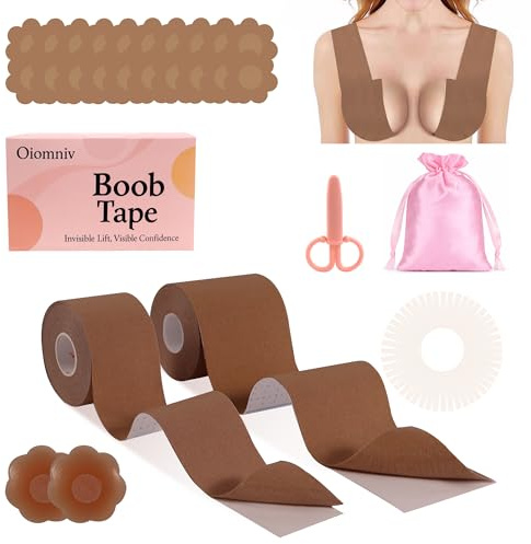 Oiomniv Boob Tape Set for Large Breasts A-G Cup, 2 Rolls 5M Stretchable | Self-Adhesive Boobtape for Breast Lift & Support, 2 Pcs Nipple Covers, Waterproof, Skin-Friendly, Perfect for Stick on Bra