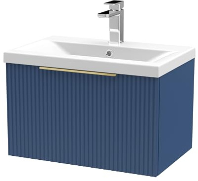 Balterley Vanity Unit with Basin Wall Hung, Single Drawer Soft Close with Mid Edge Sink and Handle, Bathroom Vanity Units with Basin, Fluted Front Sink Cabinet - 610 x 390 x 399mm (Blue)