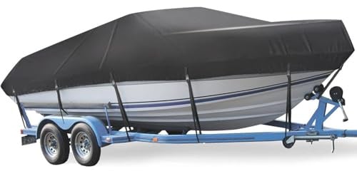 Bootsplane Wasserdicht 420D Oxford-Stoff Allwetter-Abdeckung für 14-16ft V-Rumpf Boote, mit Verstärkten, Gurten gegen Wind, UV- und Reifenschutz Abdeckplanen für Boote (4.3-4.9m)