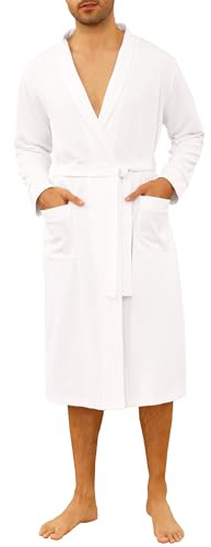 Vlazom Men's Waffle Dressing Gown, Lightweight Knit Bathrobe Cotton Blend Soft Kimono Robe with Pockets for All Season S-3XL