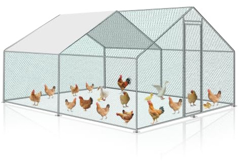 Vkechh Frihjulsstängsel 3 x 4 x 2 m – hönshus i galvaniserat stål för små husdjur med solskyddstak och burdörr för