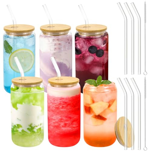 Mjuthy 6er Set Trinkglas mit Deckel und Strohhalm, 500ml Eiskaffee Gläser mit Bambusdeckel, Cocktailglas Set für Matcha, Whiskey, Latte, Cocktails, Smoothie, Saft, Bier, Bubble Tea und mehr