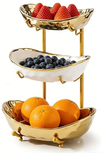LUPATDY Cestino per Frutta Fruttiera 3 Ripiani in Ceramica, Portafrutta con Supporto in Metallo, Piano Cucina, Portafrutta per Frutta, Verdure, Dessert, Dolci, Multicolore