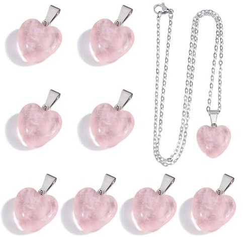 DICOSMETIC 10 Set Cuore Pietra Fascino Con Catena Di Cavi Naturale Quarzo Rosa Ciondolo Pietra Gemma Rosa 304 Catena In Acciaio Inox Collane Per Braccialetto Fai Da Te Collane Fabbricazione