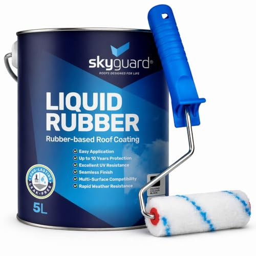 Skyguard Liquid Rubber Roof Coating | Waterproof Roof Sealant | 5L Black | One Coat Waterproof Roof Repair for GRP, Felt, Concrete and Metal Roofs & Gutters. UV Resistant. Roller Included.