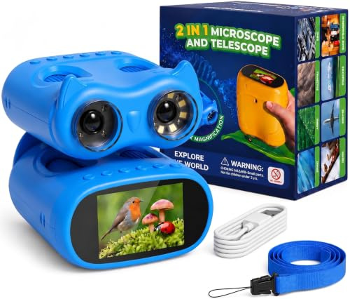 OAEBLLE 2in1 Kindermikroskop mit Fernglas, 1000X, 1080P HD, ab 3 Jahren | Foto- und Videoaufnahme,10-fache Vergrößerung im Fernglasmodus,2-Zoll IPS-Bildschirm, 8 LED-Leuchten, Outdoor-Spielzeug