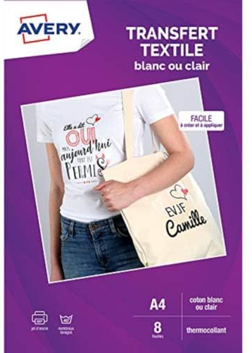 AVERY - Packung mit 8 weißen oder durchsichtigen Transferpapieren für T-Shirts oder Textilien, anpassbar und bedruckbar, A4-Format, Tintenstrahldruck
