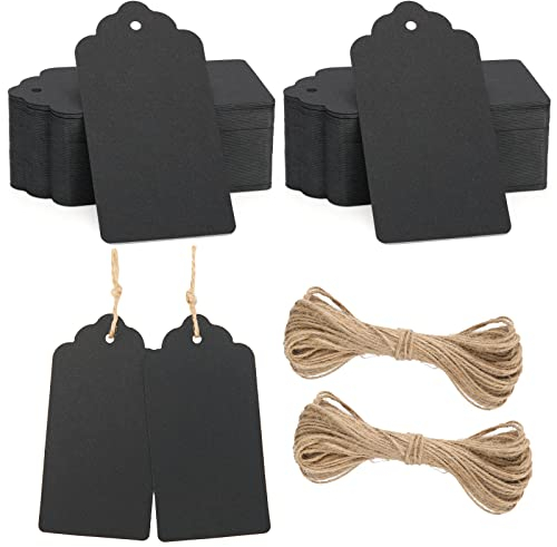jijAcraft 100 Stück Geschenkanhänger Groß, Kraftpapier Anhänger Etiketten 5 x 10 CM, Anhängeetiketten mit Juteschnur, für Geschenkverpackung, Lesezeichen (Schwarz)