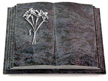 MEMORUM Grabmale Grabbuch, Grabplatte, Grabstein, Grabkissen, Urnengrabstein, Liegegrabstein Modell Livre Pagina 40 x 30 x 8-9 cm Orion-Granit, poliert inkl. Gravur (Aluminium-Ornament Lilien)
