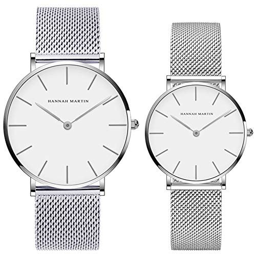 Kubagom Paar Uhren Analog Quarz Edelstahl Wasserdicht Mesh Ultradünne Set für Sie und Ihn (Weiß Oberfläche,Silber Armband)