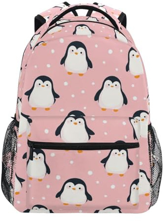 Cute Penguin Backpack for Boys Girls Kids Cartoon Pink Sea Animals Dots Student Bookbag School Bag 14 inch Laptop Backpacks Travel Daypack Shoulder Bag