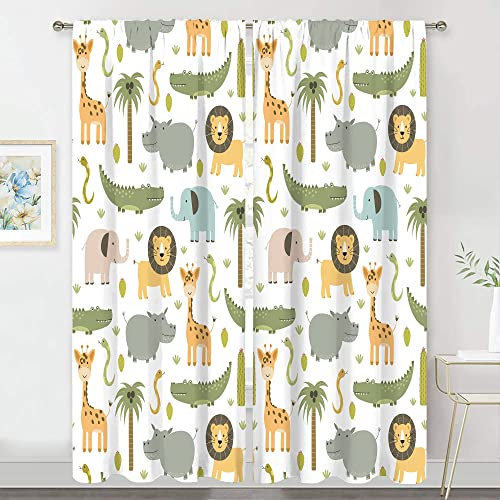 Meshelly Safari-Vorhänge für Babys, Jungen, 132x213 cm, Stangentasche, Kinderzimmer, Dekoration, Wald, Dschungel, Cartoon, Löwe, Elefant, bedruckt für Kinderzimmer, Spielzimmer, Stoff, 2 Paneele
