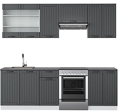Vicco Küchenzeile Fame-Line, Anthrazit Landhaus/Weiß, 240 cm ohne Arbeitsplatte