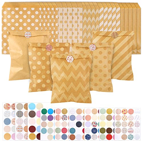 125 Pcs Kraftpapier-Tüten Candy-Tüten Weihnachten Tüten Papier Kraftpapiertüte mit 160 Stücke Aufkleber, Muster Papiertüten Geschenktüten für Hochzeit Mitgebsel Gastgeschenke Blumensamen Geburtstag