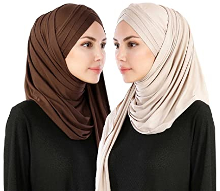Rayiisuy 2-teiliges Set aus Jersey-Hijab, leicht, weich, einfarbig, sofortige Hijab-Schals und Wraps, muslimisches Stretch-Kopftuch, Beige, Kaffeebraun, Einheitsgröße