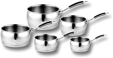 Cflagrant® Set de 5 Casseroles INOX Pro : 12/14 / 16/18 et 20 cm - Acier Inoxydable Massif Haute Qualité - Poignées Rivetées avec Revêtement Silicone Noir - Tous Feux Dont Induction (Bombées)