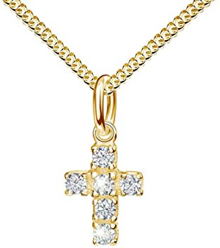 JEVELION Kreuz-Anhänger für Damen und Kinder als Kettenanhänger vergoldet mit 6 x Zirkonia auch als Taufkreuz mit Kette Kettenlänge: 70 cm