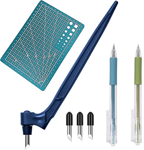 Utensili Da Taglio Artigianali, 360 Degree Rotating Blade, 3 Lame Sostituisci, 2 Coltello da Penna in Acciaio Inossidabile e Tappetino per Scrapbooking