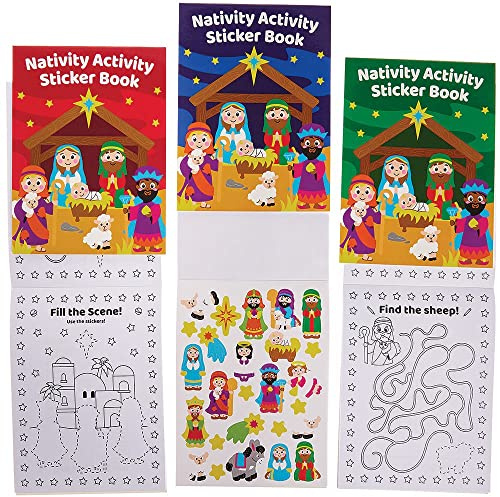 Baker Ross FX289 Sticker Aktivitäten Bücher Krippenspiel - 8er Pack, Ausmalen, Puzzles und Malen nach Zahlen für Kinder