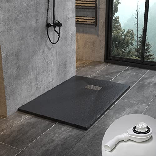 WITEN&NOCK Duschwanne 120x90 cm SMC Brausewanne Schwarz Steinoptik Antirutsch Duschtasse Höhe 3,2 cm Niedrige Schwelle Extraflach Brausetasse mit Edelstahl-Abflussrinne und Ablaufgarnitur Ø 90 mm