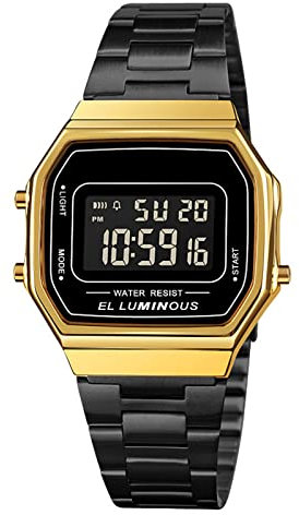 Nicoone Montre numérique décontractée pour homme avec bracelet en acier inoxydable rétroéclairé à LED classique étanche élégante, Or + noir., Bracelet
