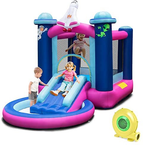GYMAX Kids Bouncy Castle, Inflatable Jumping House with Slide, Round Ball Pit Pool & Carry Bag, Children Bounce Playhouse for Outdoor Indoor (Space Themed with 480W Blower)