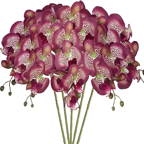 HinyoCo 5 Künstliche Phalaenopsis-Blumen,80 cm Künstliche Orchidee Blumen, Party, Büro, Terrasse, Hof, Heim-Blumendekoration (Rot mit Flecken)