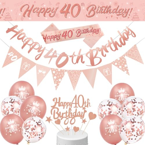40th Birthday Decorations for Women Her Rose Gold Pink Banner & Balloons | 40th Birthday Decorations for Women Her Rose Gold Pink Happy 40th Birthday Banner & Balloons