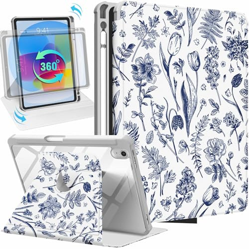 Uppuppy per iPad 10a generazione Custodia a libro da 10,9 pollici con portamatite donne ragazze bambini carino ragazza kawaii bel fiore blu unico moda supporto rotante per Apple iPad 10 Gen casi 2022