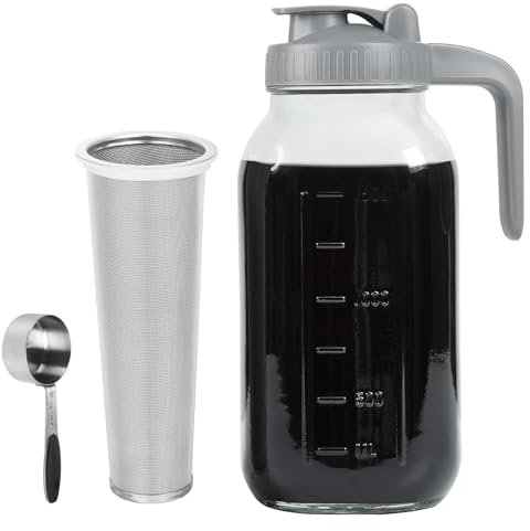 Xylanor Jarra para cafetera de infusión fría, 64 onzas, vidrio resistente, boca ancha, tapa hermética con filtro infusor de acero inoxidable para café helado, té helado, preparación de cerveza