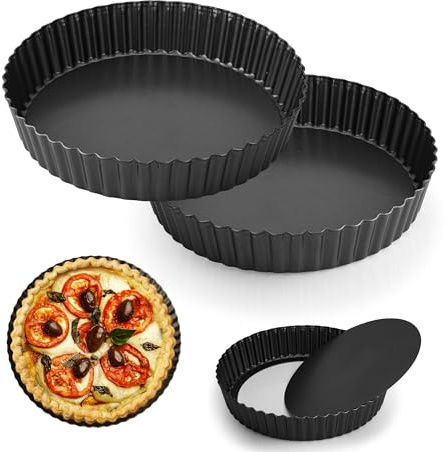 YKUKIZEE 2 Pack 5 cm Deep Flan Dish with Loose Base 9 inch Quiche Tin Tart | Round, Non-Stick, 24 cm, for Oven Baking, Fluted Pie Dish with Removable Loose Bottom