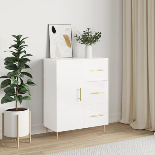 Homvdxl Modernes Sideboard mit 3 Schubladen & Tür für Wohnzimmer, freistehender Schrank, Aufbewahrung, kleiner Schrank, Buffetschrank für Wohnzimmer, Esszimmer, Flur - Weiß Hochglanz (Golden)