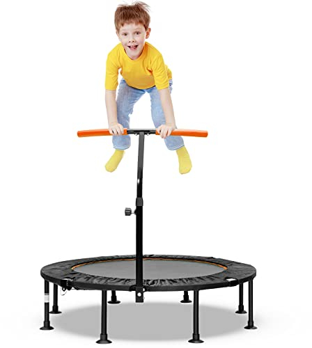 GOPLUS Trampolin Outdoor, Ø117cm Kindertrampolin klappbar bis 100kg Belastbar, Fitness Trampolin mit höhenverstellbarer Haltegriff, Gartentrampolin für Kinder, Indoor (Orange)